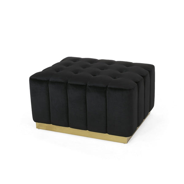Deine Ottoman, Tufted Black Velvet, Gold Metal Base, Wood, 33 Inch -BM335684