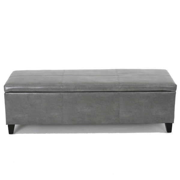 Elias Storage Ottoman, Dark Gray Faux Leather, Black Wood, 51 Inch -BM335687