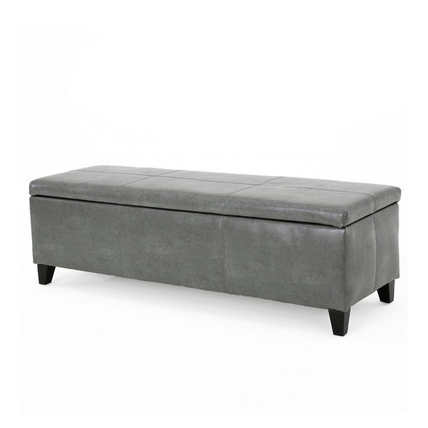 Elias Storage Ottoman, Dark Gray Faux Leather, Black Wood, 51 Inch -BM335687