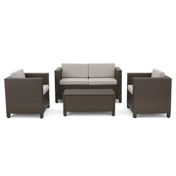Perie 4 Piece Outdoor Sofa Chair and Table Set, Brown Rattan, White -BM335691