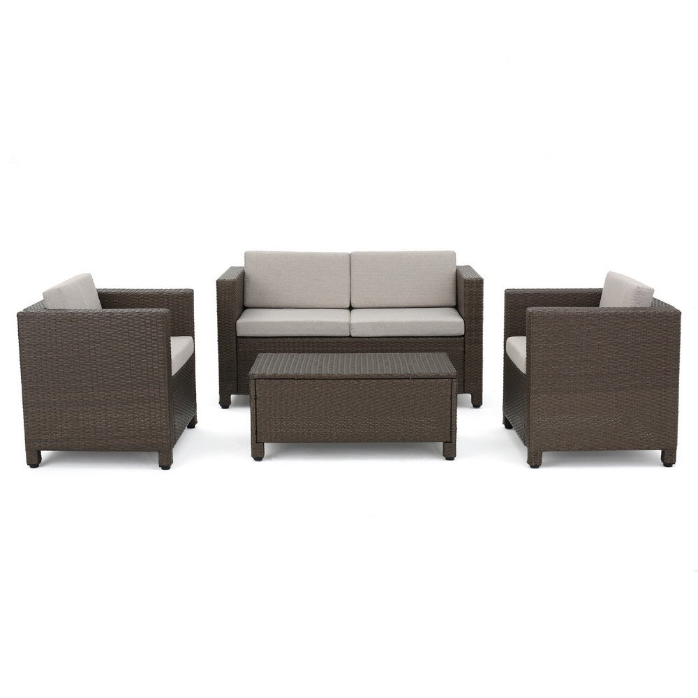 Perie 4 Piece Outdoor Sofa Chair and Table Set, Brown Rattan, White -BM335691