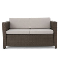 Perie 4 Piece Outdoor Sofa Chair and Table Set, Brown Rattan, White -BM335691