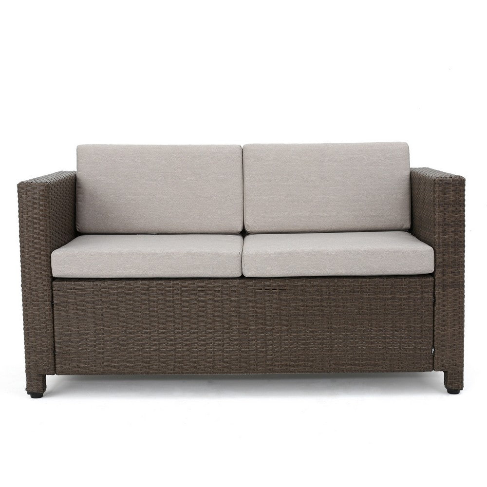 Perie 4 Piece Outdoor Sofa Chair and Table Set, Brown Rattan, White -BM335691