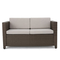 Perie 4 Piece Outdoor Sofa Chair and Table Set, Brown Rattan, White -BM335691