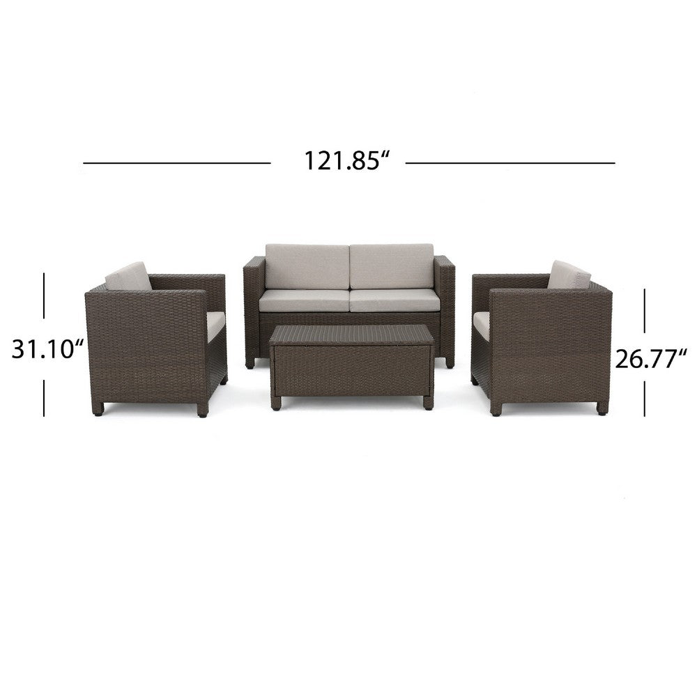 Perie 4 Piece Outdoor Sofa Chair and Table Set, Brown Rattan, White -BM335691