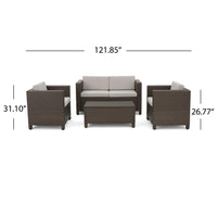 Perie 4 Piece Outdoor Sofa Chair and Table Set, Brown Rattan, White -BM335691