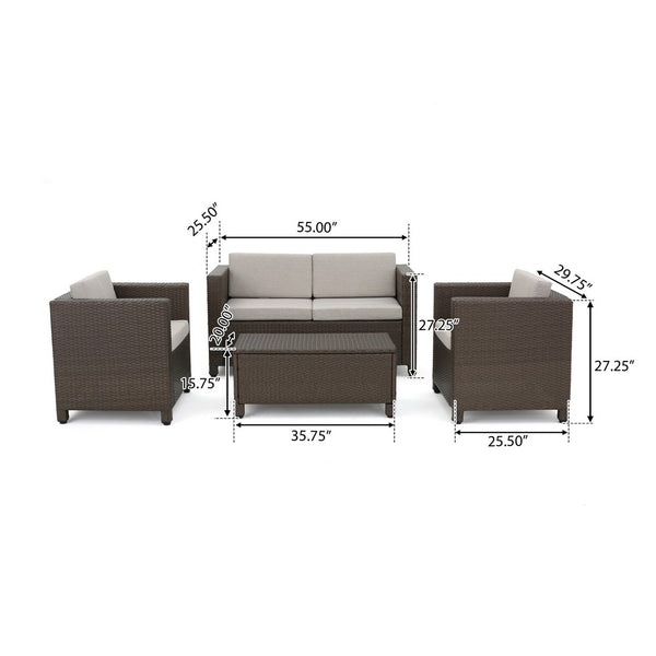 Perie 4 Piece Outdoor Sofa Chair and Table Set, Brown Rattan, White -BM335691