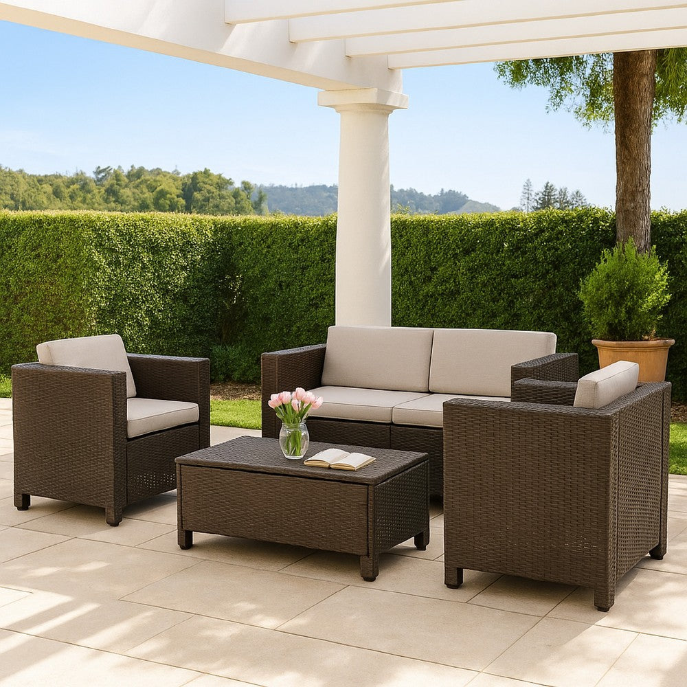 Perie 4 Piece Outdoor Sofa Chair and Table Set, Brown Rattan, White -BM335691