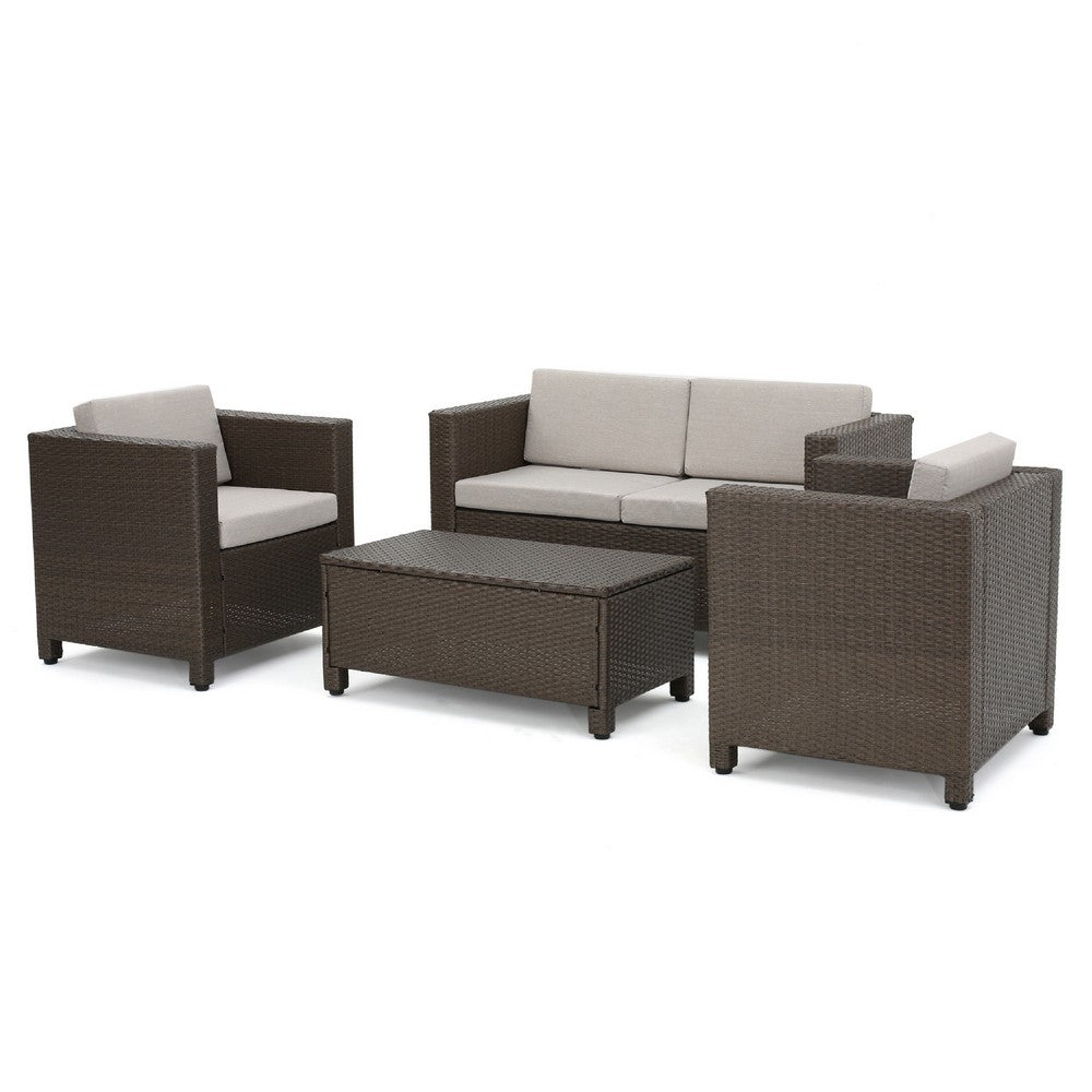 Perie 4 Piece Outdoor Sofa Chair and Table Set, Brown Rattan, White -BM335691