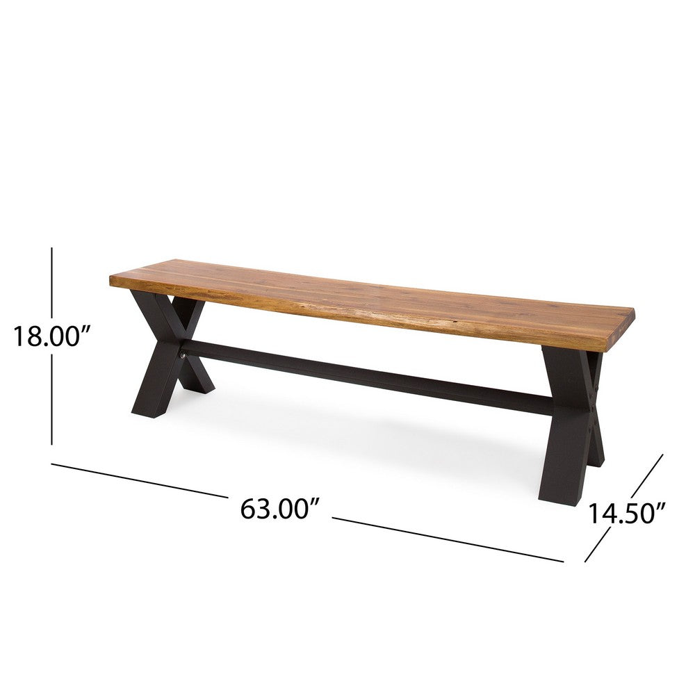Nibel Outdoor Dining Bench, Teak Brown, 63 Inch Gray Acacia Wood Frame -BM335693