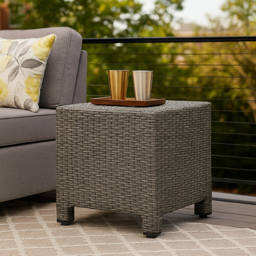 Perie Outdoor Accent Table, Gray Faux Rattan, Iron Frame, 18 Inch -BM335694