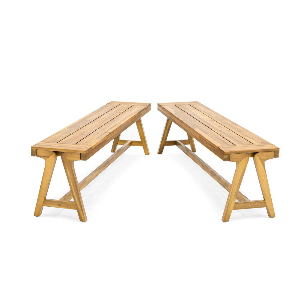 Lea Outdoor Dining Bench Set of 2, 63 Inch Varnished Teak Brown Wood -BM335696