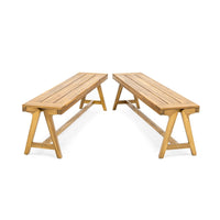 Lea Outdoor Dining Bench Set of 2, 63 Inch Varnished Teak Brown Wood -BM335696