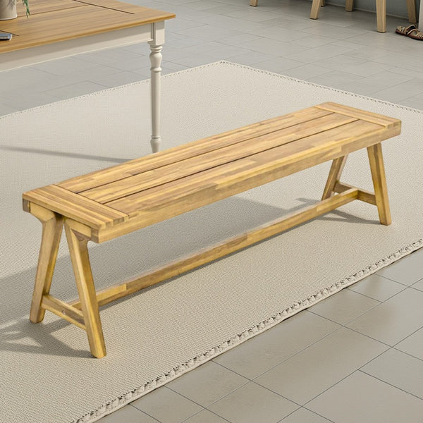 Lea Outdoor Dining Bench Set of 2, 63 Inch Varnished Teak Brown Wood -BM335696