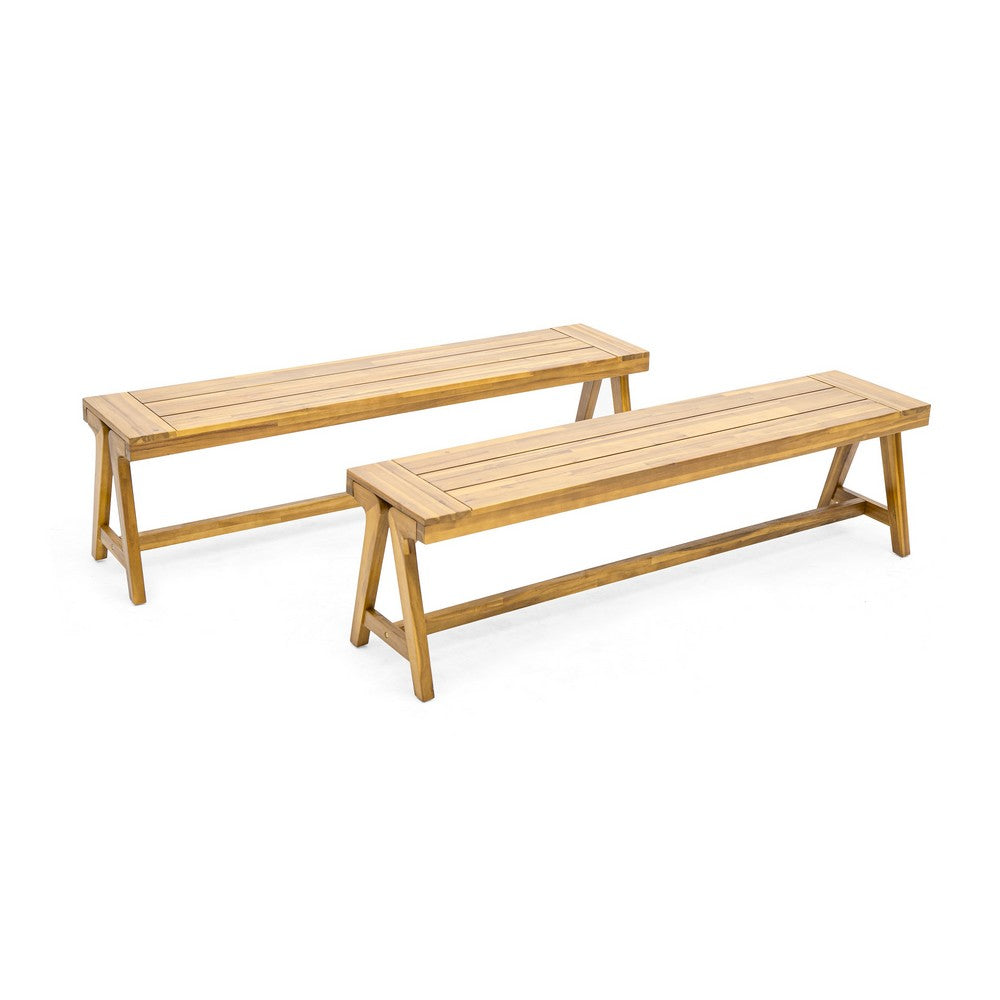 Lea Outdoor Dining Bench Set of 2, 63 Inch Varnished Teak Brown Wood -BM335696