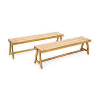 Lea Outdoor Dining Bench Set of 2, 63 Inch Varnished Teak Brown Wood -BM335696