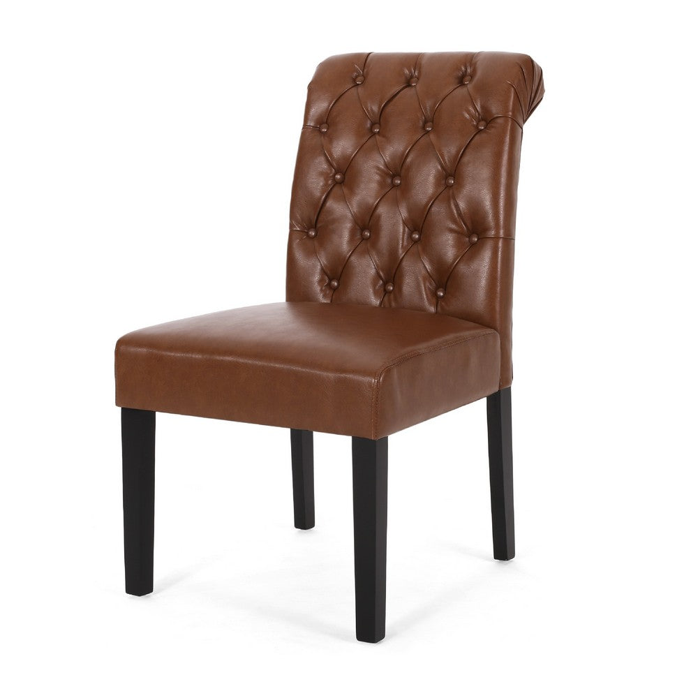 Mein Dining Chair Set of 2, Tufted Back Rolled Top, Brown Faux Leather -BM335699