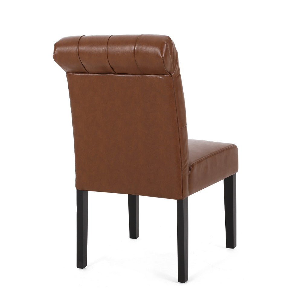Mein Dining Chair Set of 2, Tufted Back Rolled Top, Brown Faux Leather -BM335699