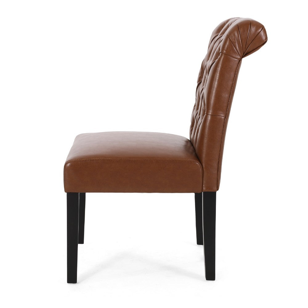 Mein Dining Chair Set of 2, Tufted Back Rolled Top, Brown Faux Leather -BM335699