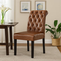 Mein Dining Chair Set of 2, Tufted Back Rolled Top, Brown Faux Leather -BM335699