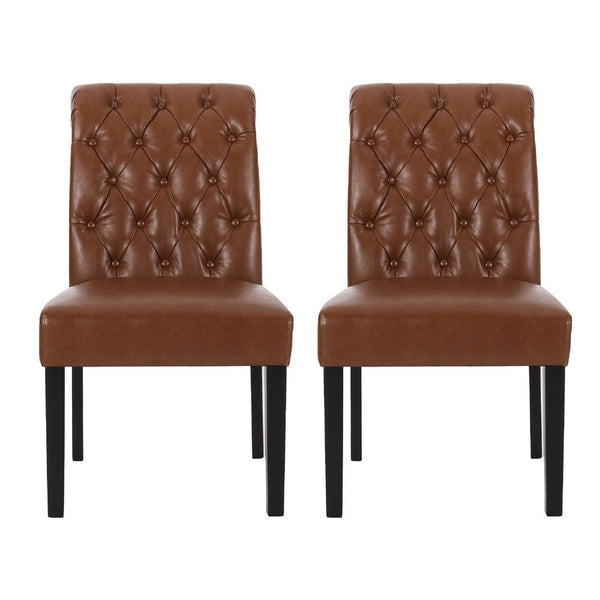 Mein Dining Chair Set of 2, Tufted Back Rolled Top, Brown Faux Leather -BM335699