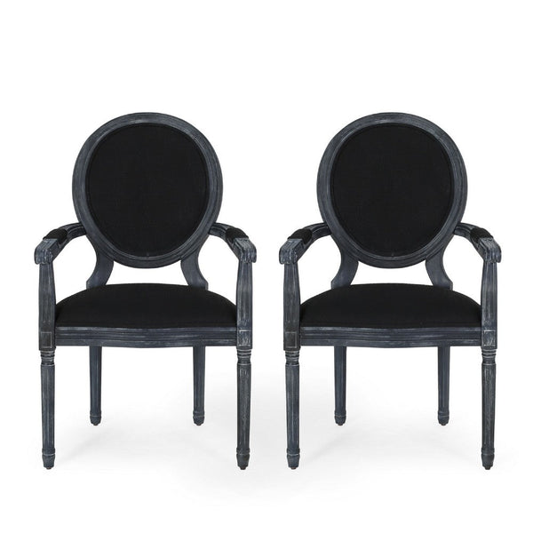 French Country Dining Chairs Set of 2, Round Back and Armrests, Black -BM335701