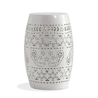 Outdoor Side Table, Lace Cut, 12 Inch Round Top w White Barrel Base -BM335702