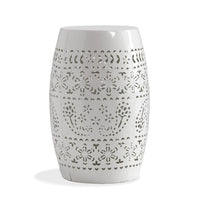 Outdoor Side Table, Lace Cut, 12 Inch Round Top w White Barrel Base -BM335702