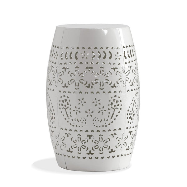 Outdoor Side Table, Lace Cut, 12 Inch Round Top w White Barrel Base -BM335702
