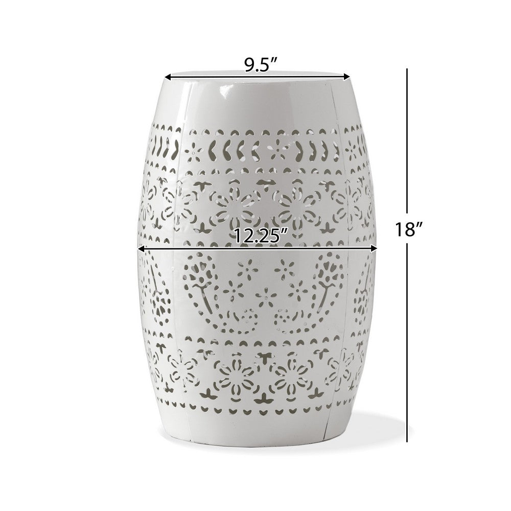 Outdoor Side Table, Lace Cut, 12 Inch Round Top w White Barrel Base -BM335702