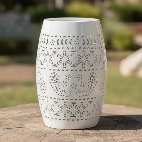 Outdoor Side Table, Lace Cut, 12 Inch Round Top w White Barrel Base -BM335702