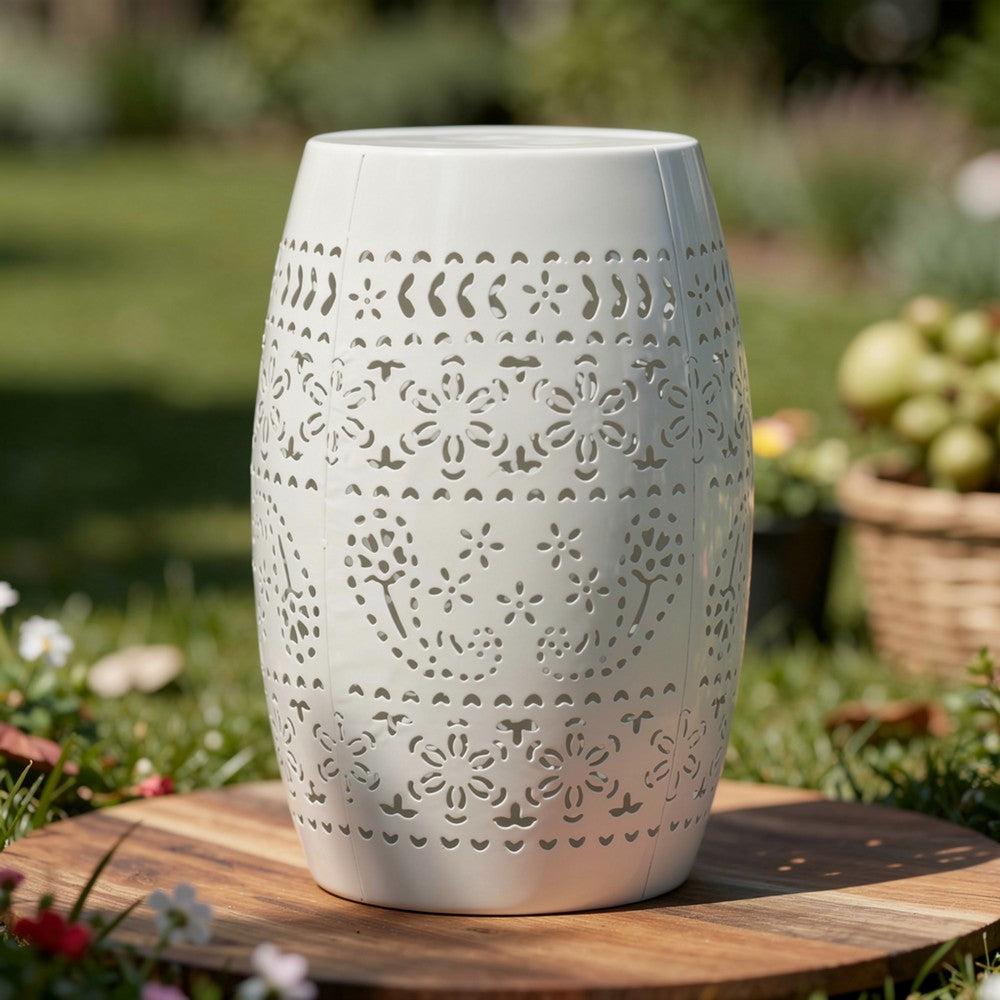 Outdoor Side Table, Lace Cut, 12 Inch Round Top w White Barrel Base -BM335702