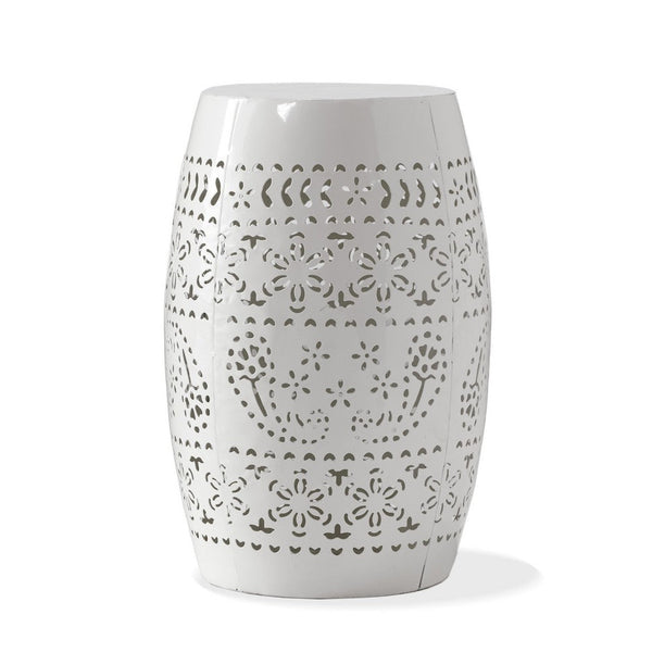Outdoor Side Table, Lace Cut, 12 Inch Round Top w White Barrel Base -BM335702