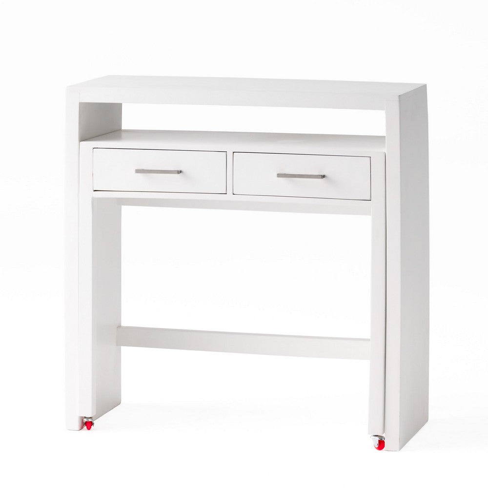 Sliding Desk with Upper Console Table, White Mango Wood, 36 Inch -BM335704