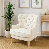 Modern Club Chair, Classic Button Tufted Wingback, Almond White -BM335706