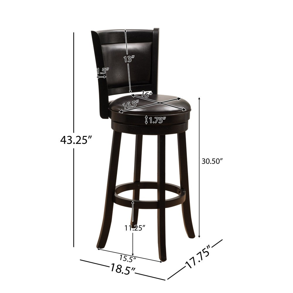 Swivel Barstool Chair, High Back Black Wood, Espresso Faux Leather -BM335714