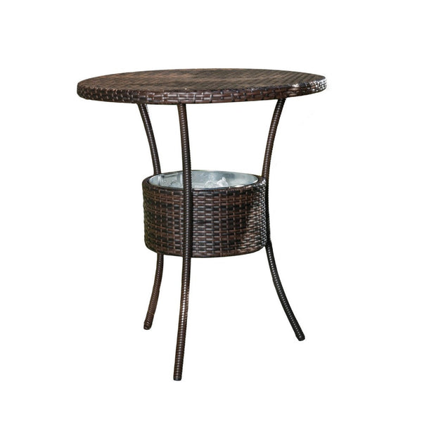 Outdoor Counter Table, Round Top with Ice Pail, 32 Inch Brown Rattan -BM335715