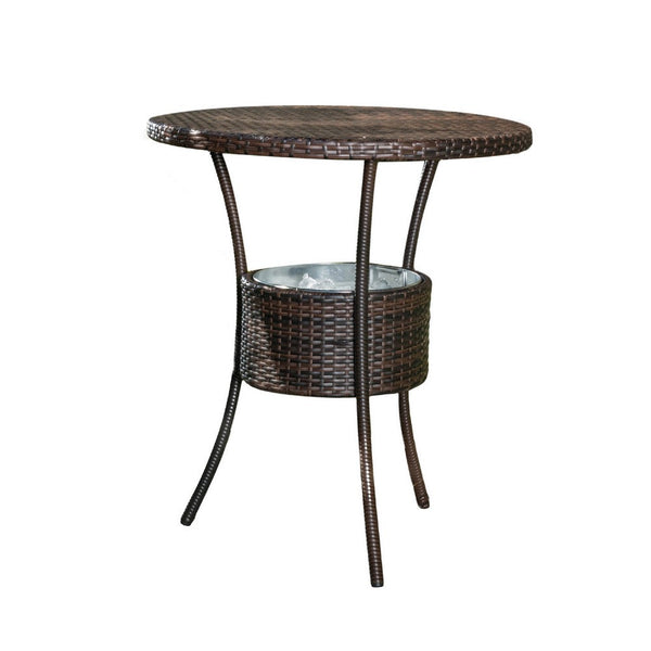 Outdoor Counter Table, Round Top with Ice Pail, 32 Inch Brown Rattan -BM335715