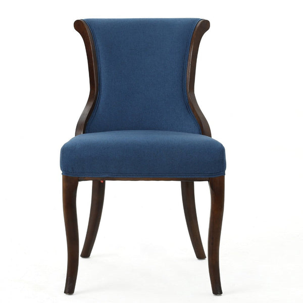 Dining Chair Set of 2, Curved Legs, Brown Rubberwood, Blue Polyester -BM335720