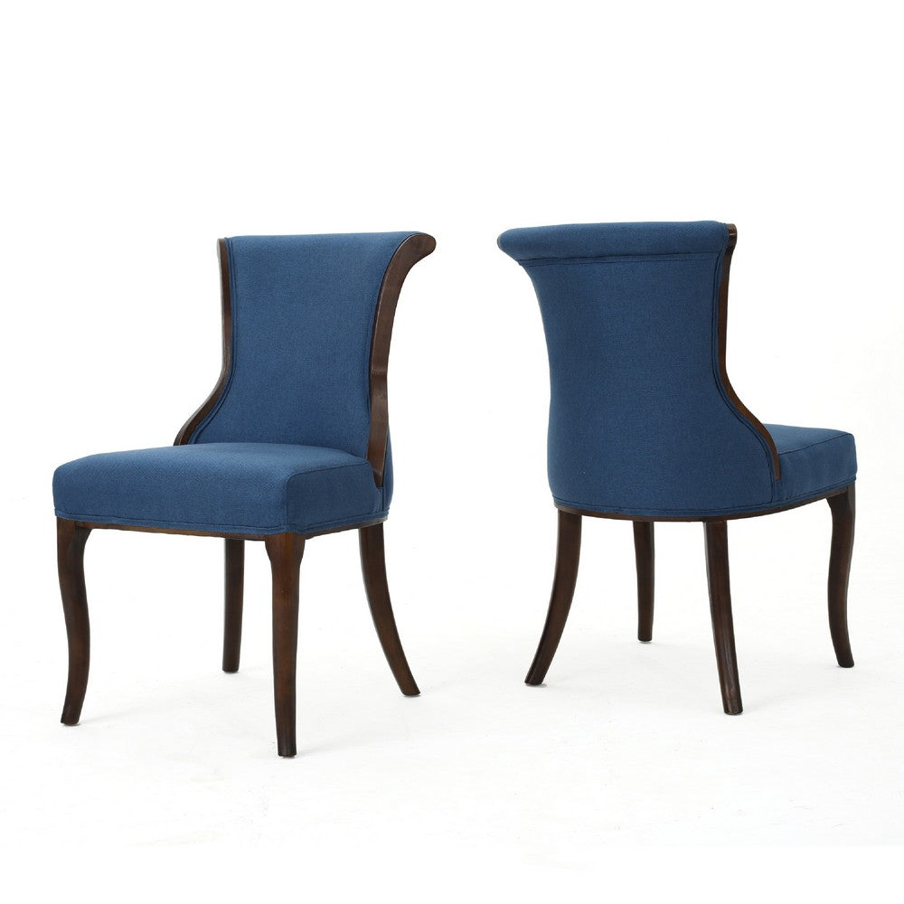 Dining Chair Set of 2, Curved Legs, Brown Rubberwood, Blue Polyester -BM335720