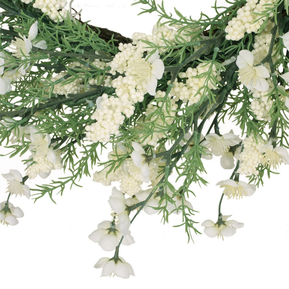 Decorative Wreath, 30 Inch Silk Plum Blossoms, Rattan Frame Green -BM335732