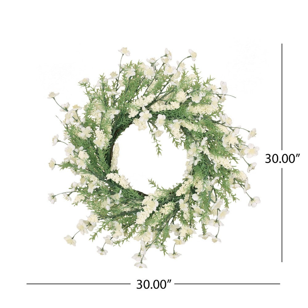 Decorative Wreath, 30 Inch Silk Plum Blossoms, Rattan Frame Green -BM335732