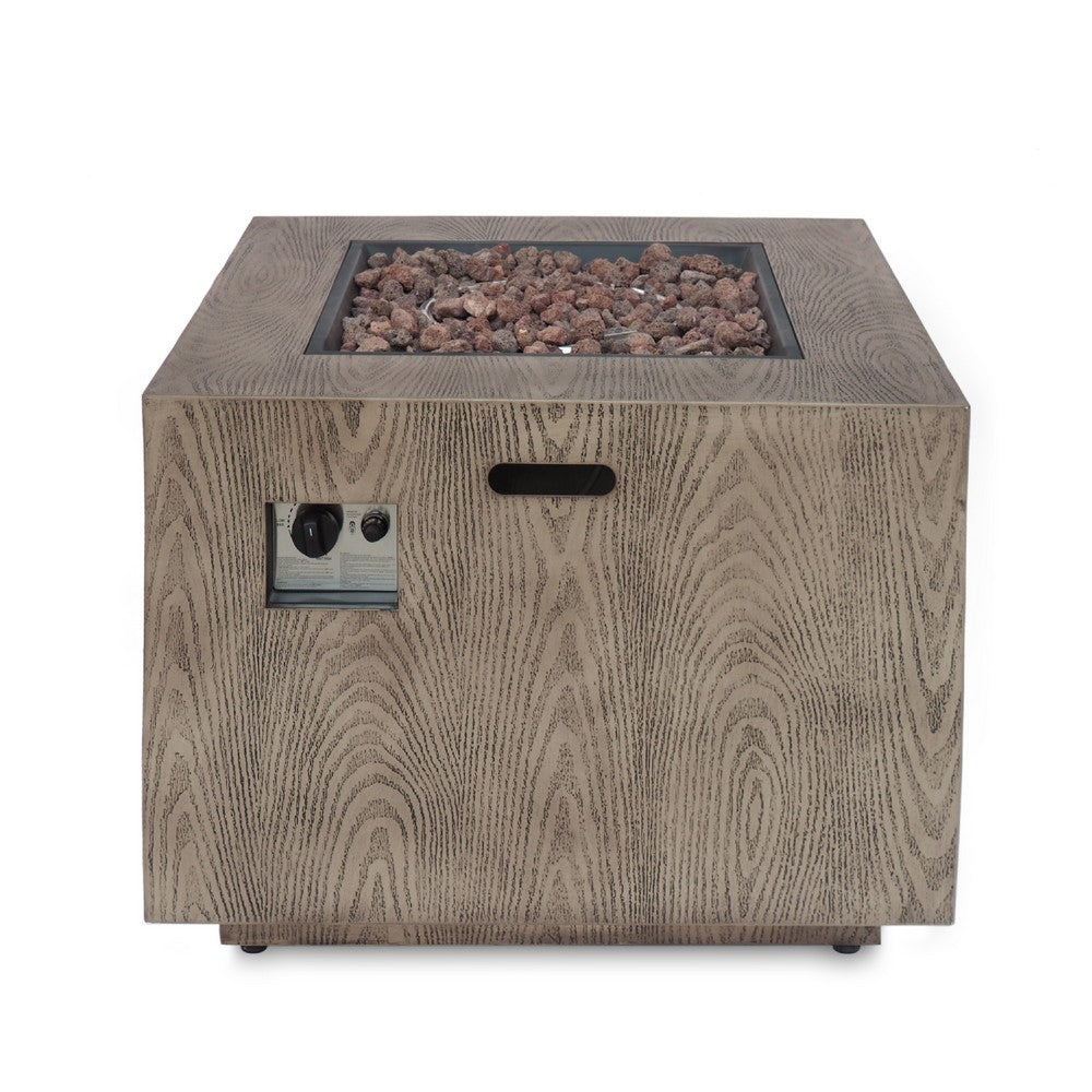 Outdoor Fire Pit Table, 31 Inch, Square Iron, Brown Wood Finish -BM335735