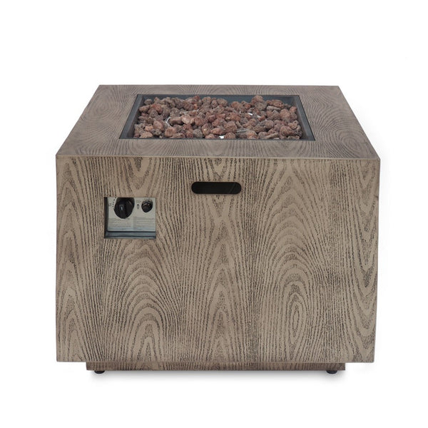Outdoor Fire Pit Table, 31 Inch, Square Iron, Brown Wood Finish -BM335735