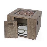 Outdoor Fire Pit Table, 31 Inch, Square Iron, Brown Wood Finish -BM335735