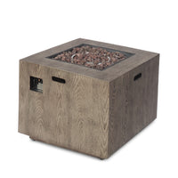 Outdoor Fire Pit Table, 31 Inch, Square Iron, Brown Wood Finish -BM335735