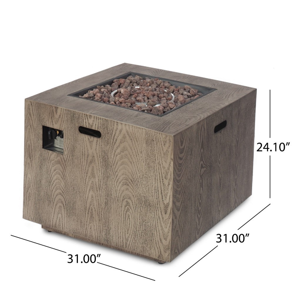 Outdoor Fire Pit Table, 31 Inch, Square Iron, Brown Wood Finish -BM335735
