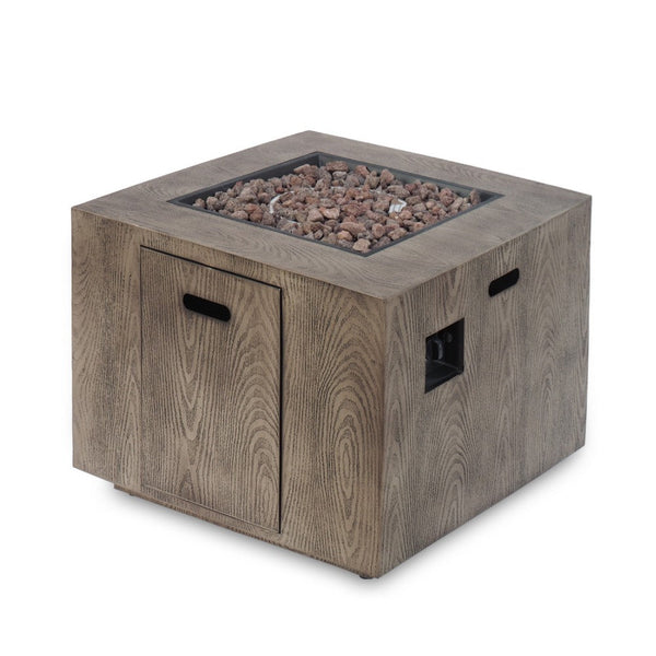 Outdoor Fire Pit Table, 31 Inch, Square Iron, Brown Wood Finish -BM335735