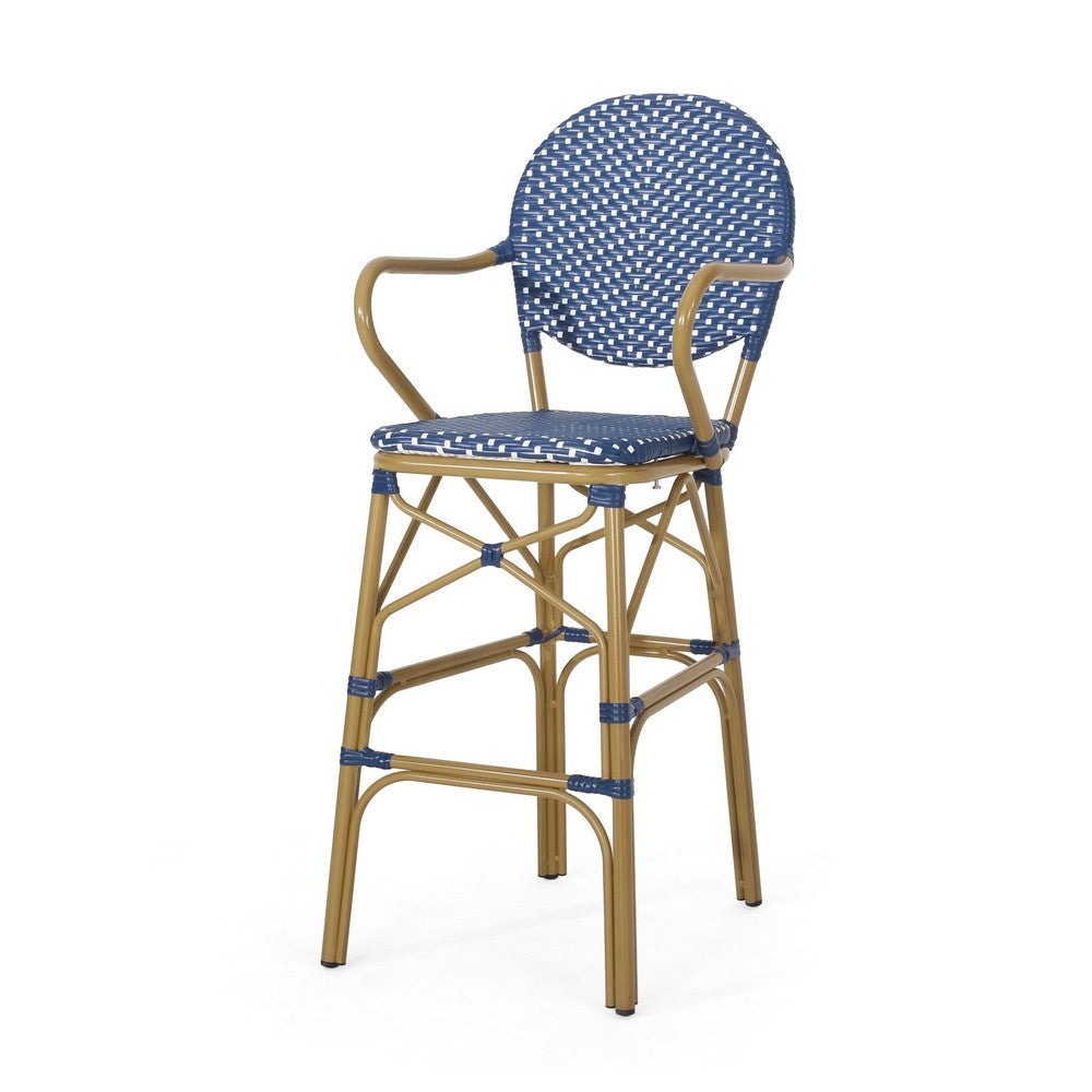 Lyam Set of 2 Outdoor Barstool Chair, Navy Blue Wicker, Brown Aluminum -BM335737