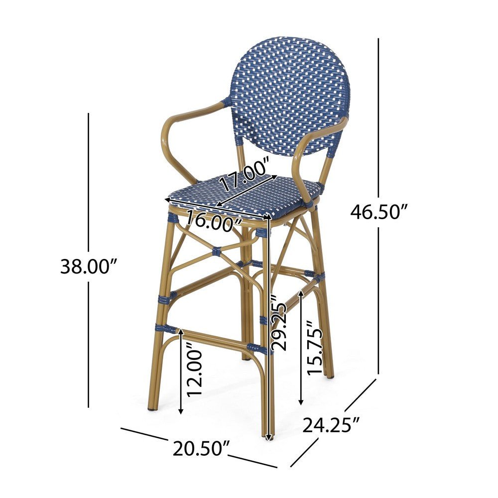 Lyam Set of 2 Outdoor Barstool Chair, Navy Blue Wicker, Brown Aluminum -BM335737